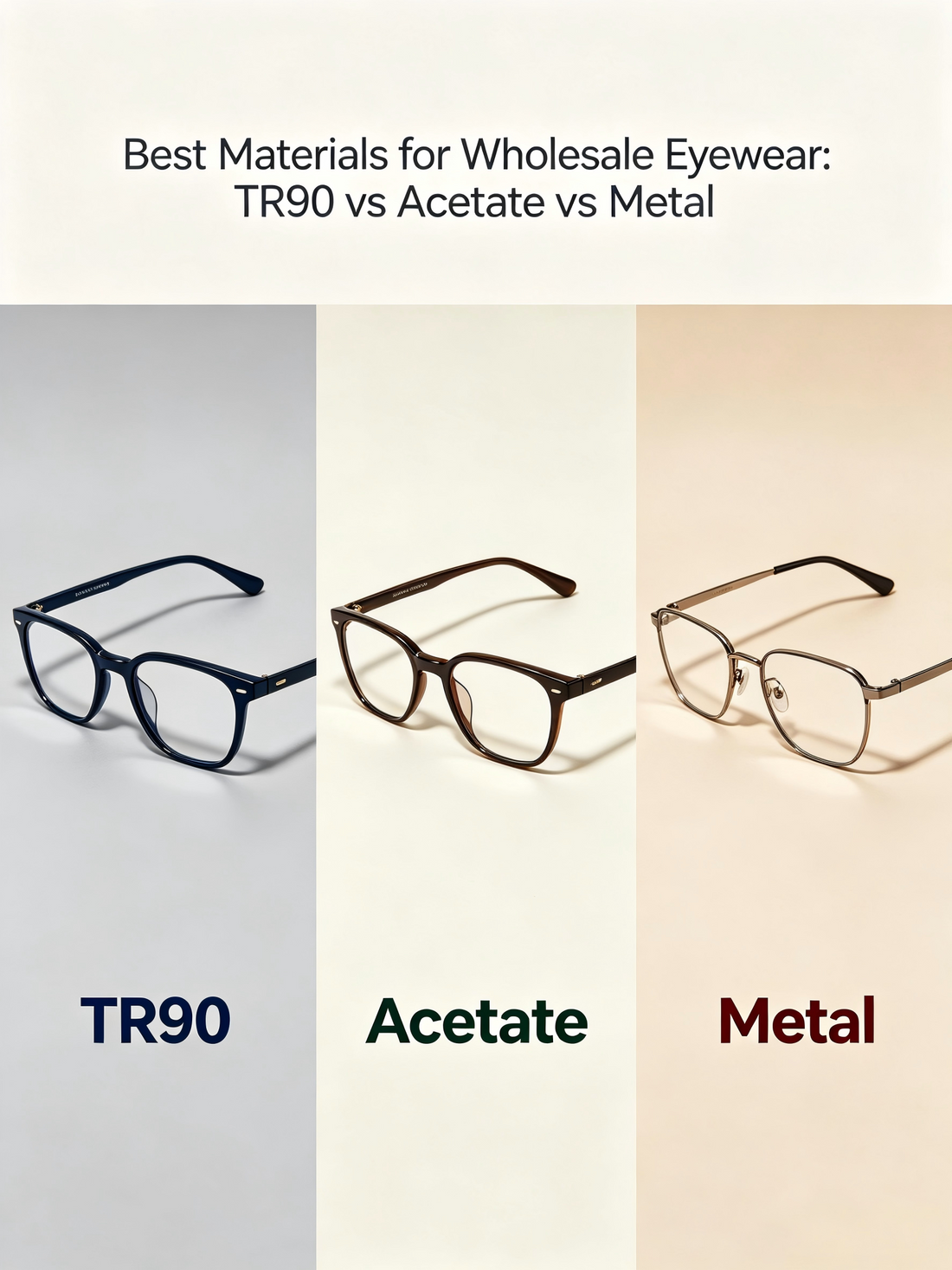Best Materials for Wholesale Eyewear: TR90 vs Acetate vs Metal